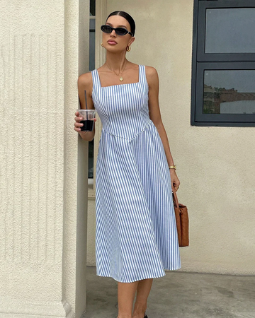 Miles | Square Neck Striped Midi Dress